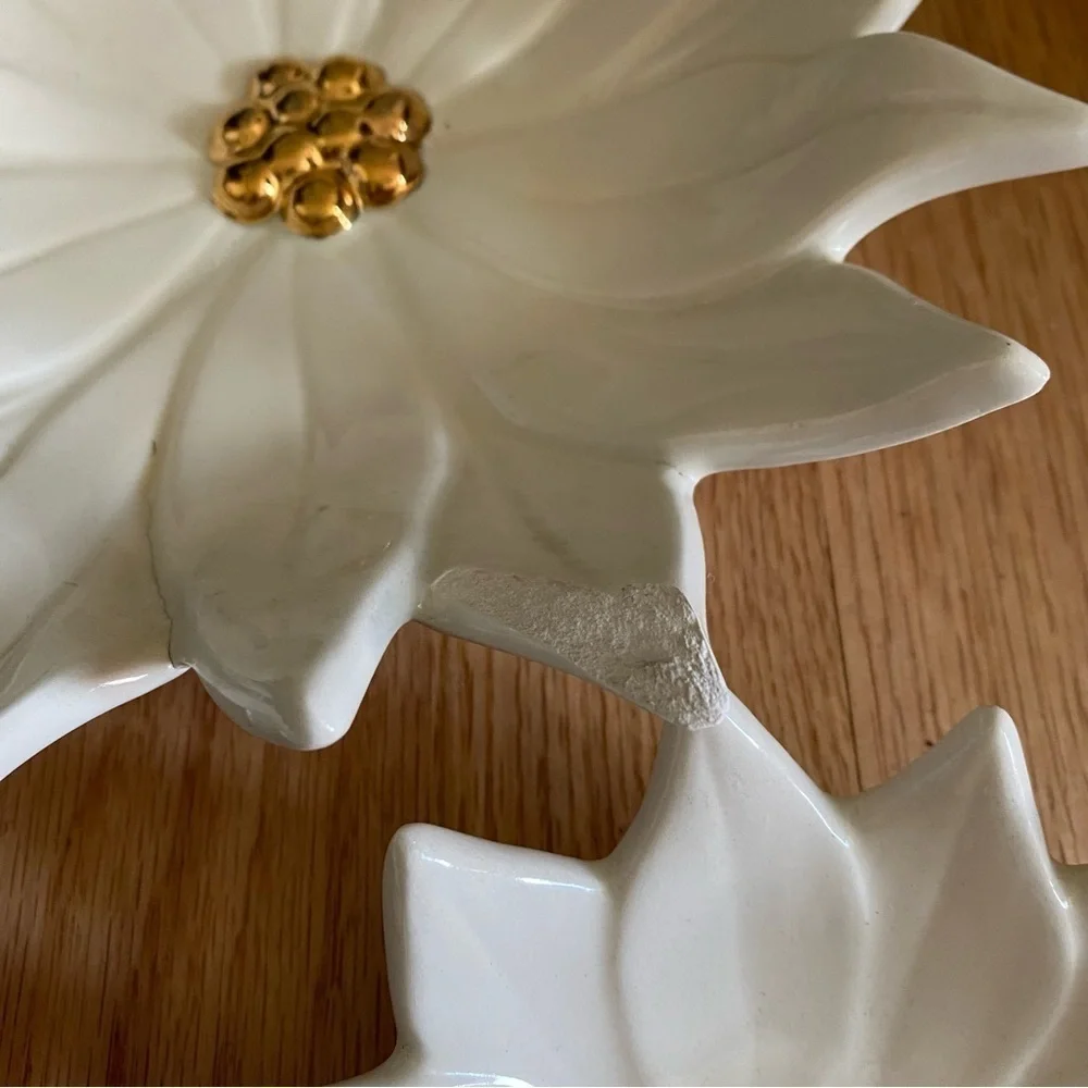 Vintage Atlantic Mold White Poinsettia Dish Tray Bowl Set Gold MCM Kitschy